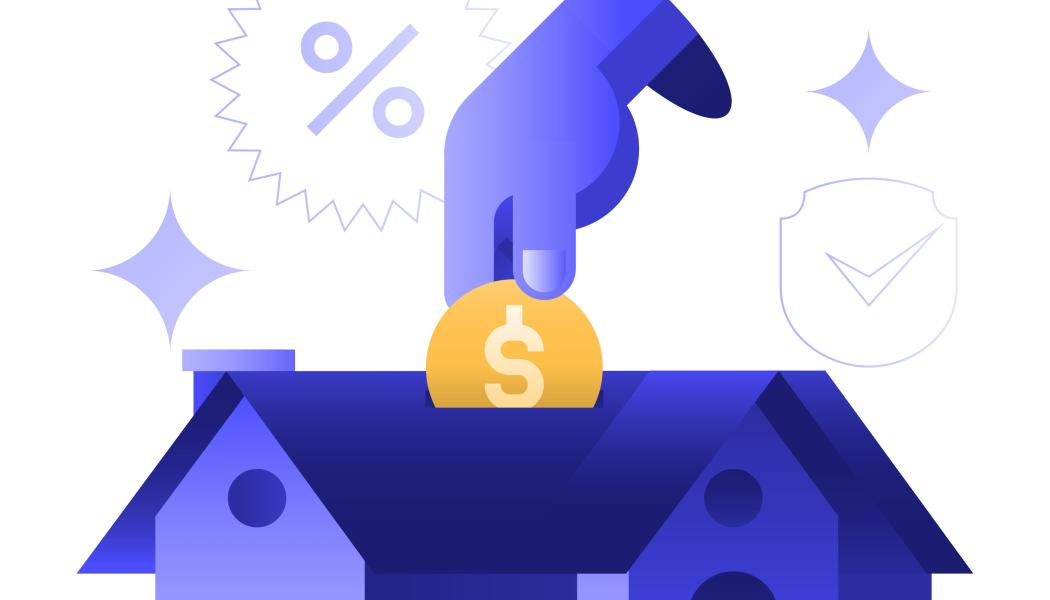 Illustration över ett hus med en jättahand som stopper ner pengar i taket. Bild: https://unsplash.com/illustrations/investing-in-a-house-with-interest-rate-discounts-PUj12qXt6fw?utm_source=unsplash&utm_medium=referral&utm_content=creditShareLink