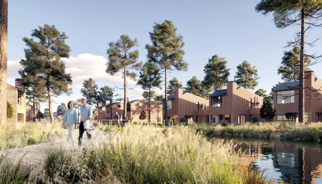 Blick över det framtida bostadsområdet vid Åhus Golfbana, där 400 nya hem planeras. Illustration: Arkitema