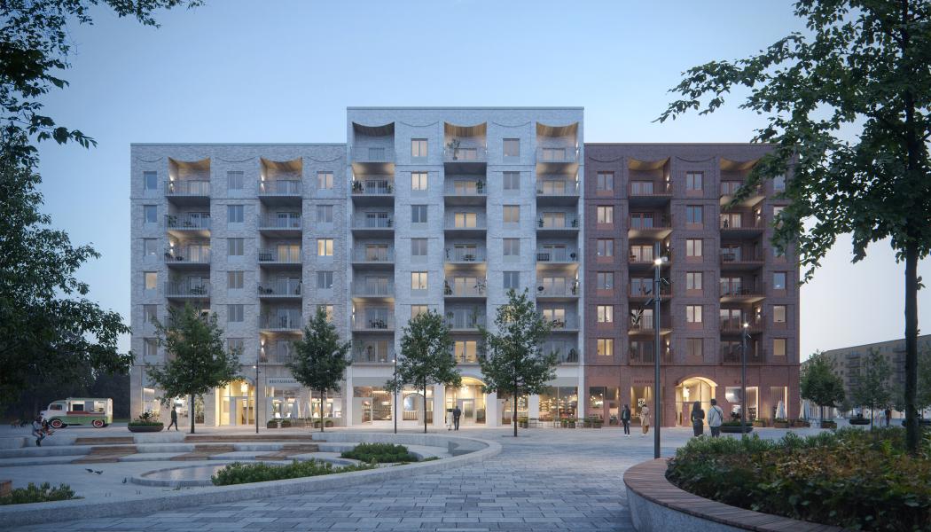 Kvarteret möter Sveatorget med kommersiella lokaler i gatuplan. På Sveatorget får tunnelbanan en ny station 2027 och det är här stadslivet blir som mest livfullt med restauranger, kaféer och annan handel och service. Valven över portarna mot Sveatorget är inspirerade av formen på hangarerna på det gamla flygfältet i Barkarby. Visionsbild: Fojab