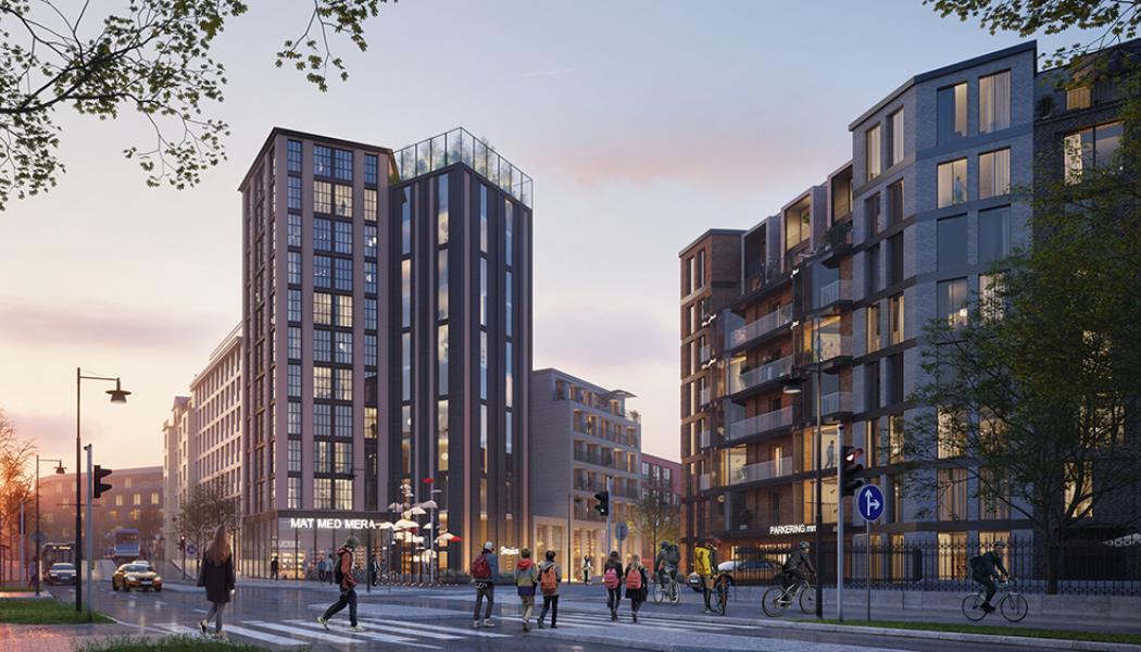 Till höger i bild visas det nya kvarteret där ByggVesta ska skapa 275 hyreslägenheter ovanpå Forsåkers kommande mobilitetshus. Av: Visionsbild MölnDala Fastighets AB/TMRW