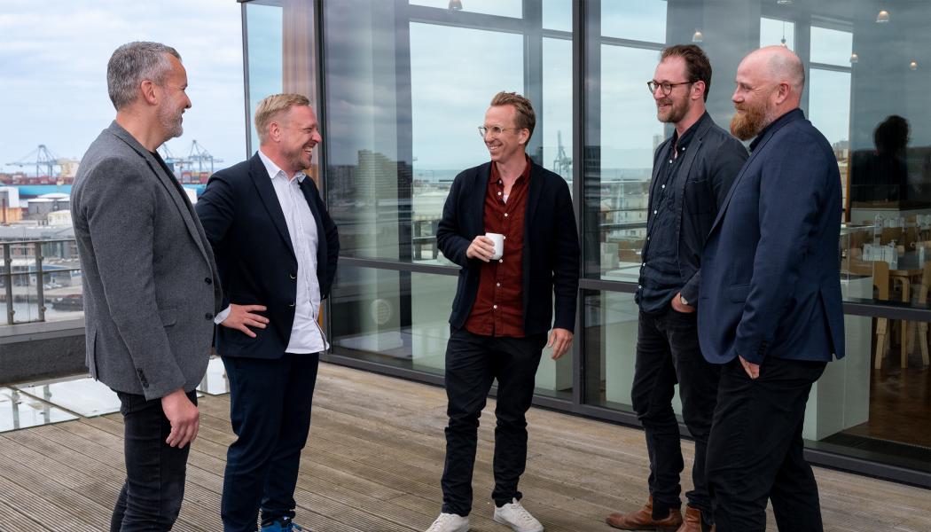 Silas Smed Andersen. Nya partners C.F. Møller Architects: Rune Bjerno Nielsen, Ola Jonsson, Franz Ødum, Thue Borgen Hasløv & Jonas Toft Lehmann Toft. Foto: C.F. Møller Architects