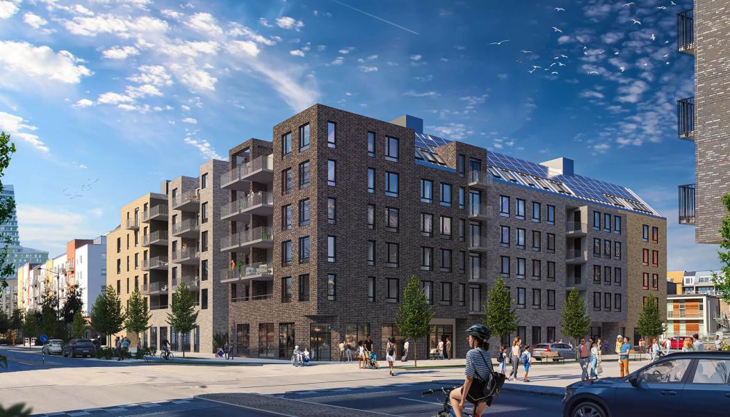 Det nya kvarteret har en markant gestaltad, urban sida mot huvudgatorna som understryker det centrala läget i stadsdelen.