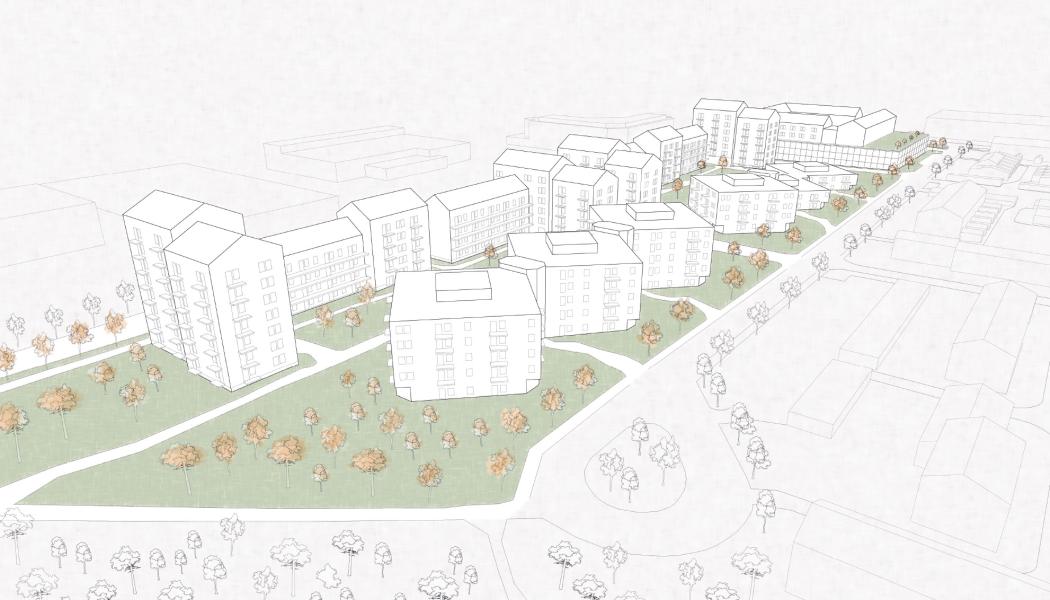 Illustrationen visar ett exempel på utformningen där Vita husen konverteras till bostäder samt uppförande av nya bostadshus. Illustration: Nordmark & Nordmark.