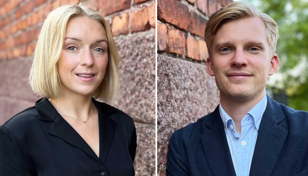 Erika Twengström (till vänster) och Erik Gustafsson (till höger), tilldelas Samhällsbyggarnas pris Bästa examensarbete inom fastighetsekonomi 2022. Foto: Privat