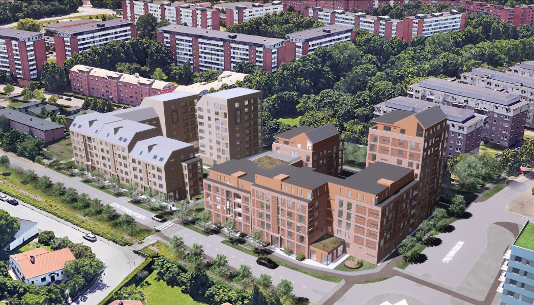 Flygvy från nordost med Stattenavägen i förgrunden. Illustration: Möller Arkitekter