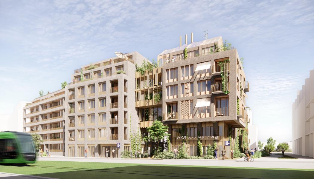 Tidig visionsbild för HSB Living Lab i Brunnshög, Lund. Illustration: White Arkitekter