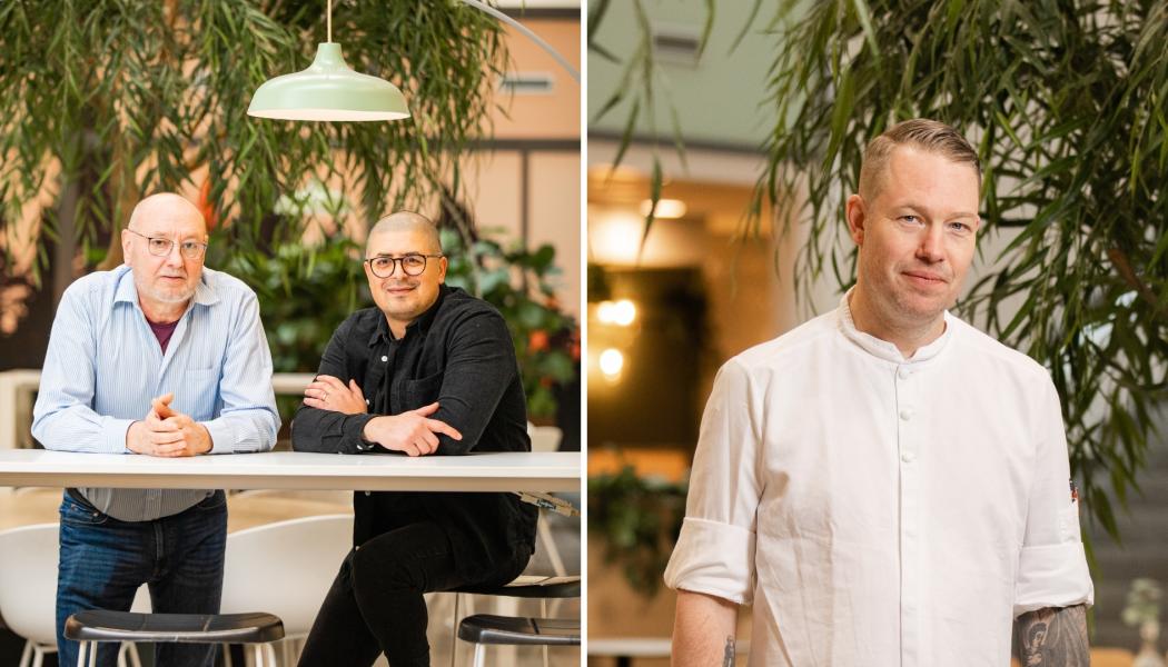 Från vänster i bild Jan Larsson, projektledare för kyla- och värmelösningar på Wihlborgs och Hassan Mahdi, förvaltare på Wihlborgs, samt Johannes Widén, platschef på Bricks Eatery, har engagerat sig i att minska energianvändningen i Bricks.