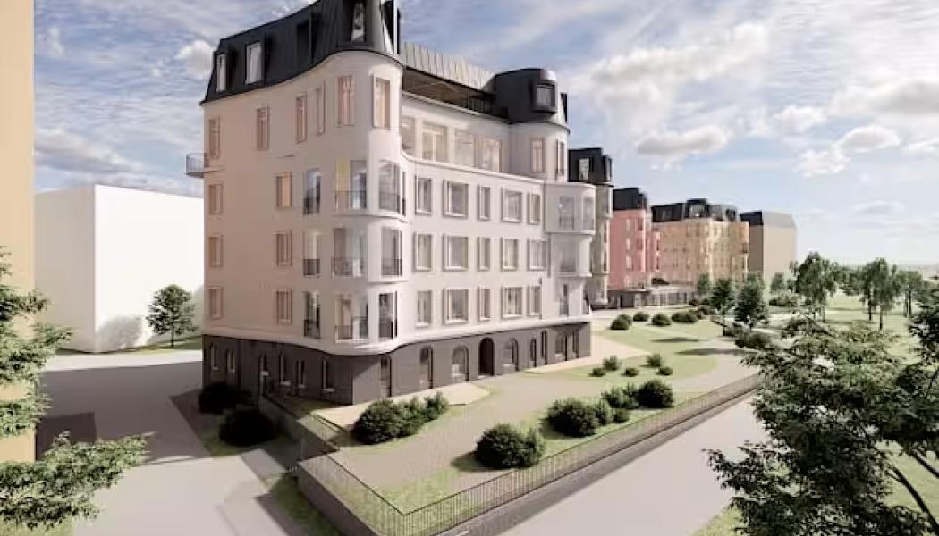 Den nuvarande detaljplanen för Kårholmen i Helsingfors kräver att framtida byggnader i området följer samma volym och färgschema som de hus som nu går in i byggfasen. Bild: Huttunen-Lipasti Arkitekter Ab.