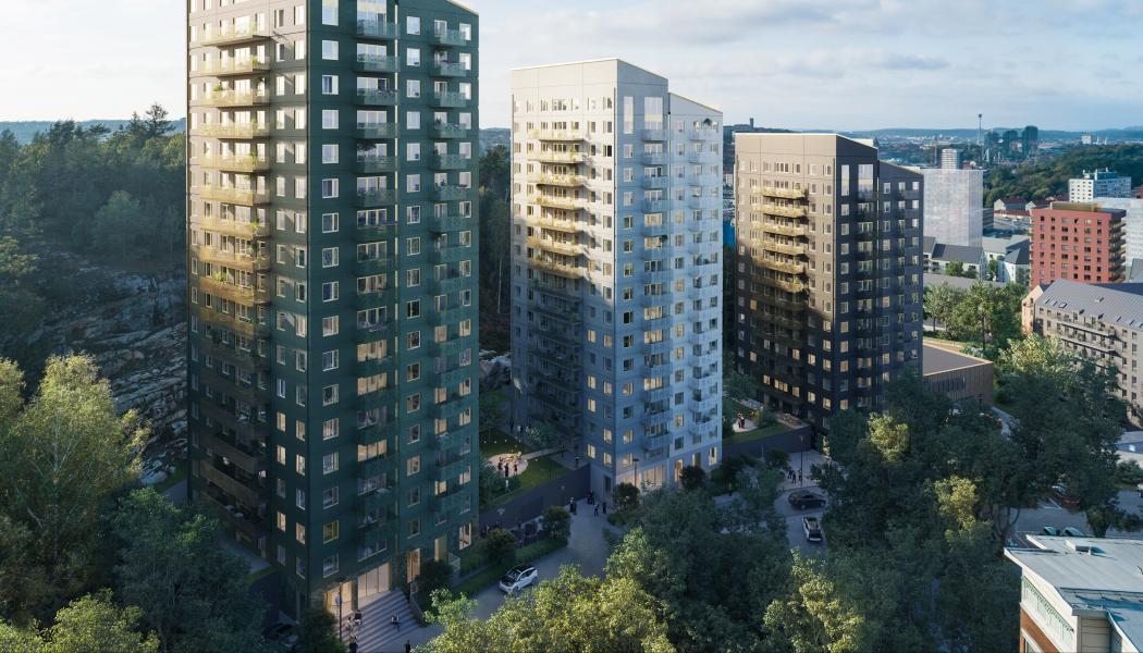 Nu är 270 nyinflyttade hyresgäster på plats i sina nya hem i Kvarteret 11, Mejeristen i Kallebäcks Terrasser. Högst upp i området med en härlig utsikt över Göteborg ligger de tre husen placerade längs med Smörkärnegatan. Bild: Wallenstam
