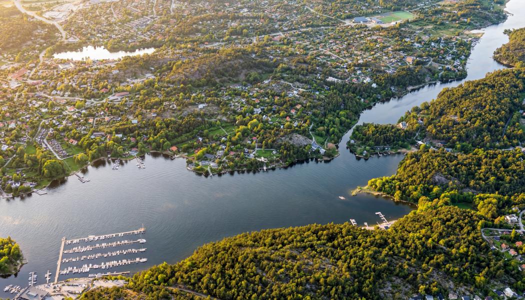 
En drönarbild på området, Södra Lännersta i Nacka. Pressbild: Carl Ek Fastigheter 