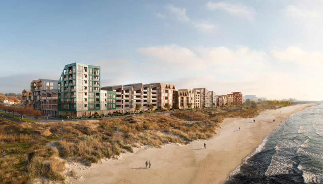Den första delen av en skyddande vall mellan stranden och bebyggelsen anläggs längs kusten i Västra Sjöstaden. Fotograf/Källa: Visionsbild framtagen av Kanozi arkitekter på uppdrag av Granitor/Serneke.