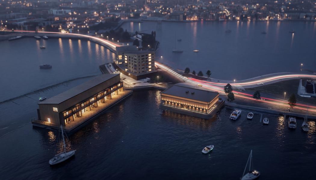 Svenska Musikmuseet, en flytande byggnad i två plan, byggs på Slottsholmen nära Stegeholms slottsruin där anrika Visfestivalen i Västervik arrangeras. Pressbild: OKIDOKI