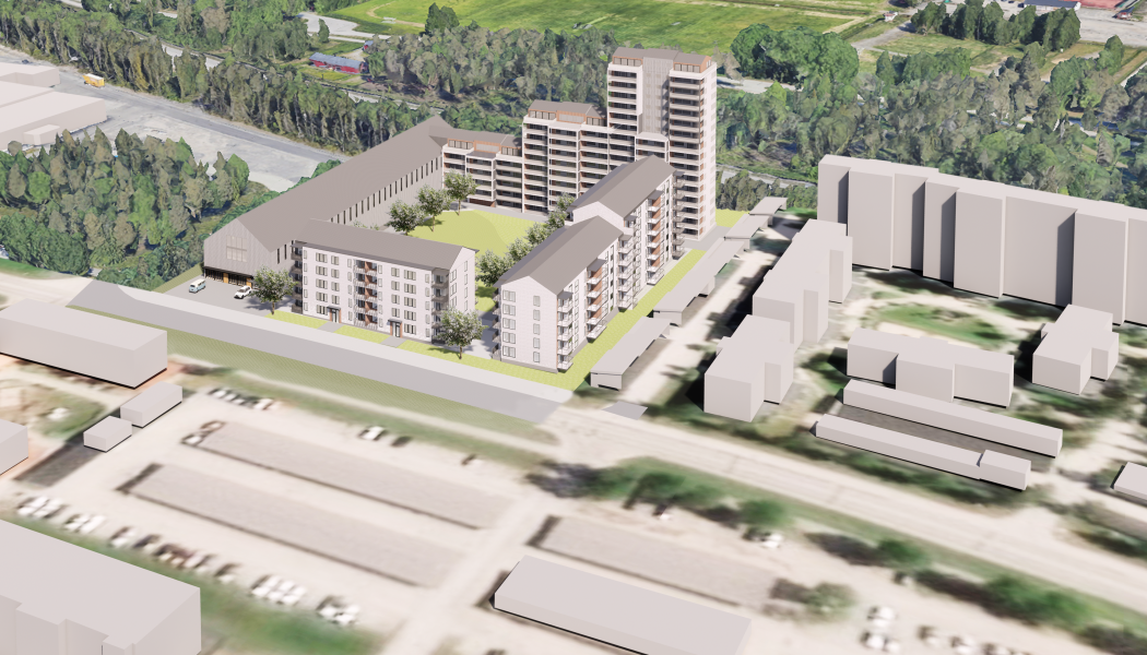Översiktlig flygvy över föreslagen bebyggelse på Gökungen 2, sett från väster. Illustration: Arkinova.