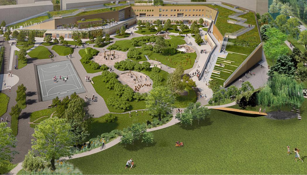 Skiss på stadsdelspark med skyfallsdamm i anslutning till nya Kronetorpskolan. Illustration Berg &Dahl.