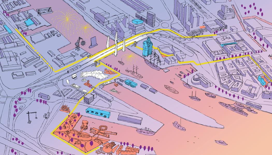 Nu utlyses ett Open Call för gestaltning av en plats, en prototyp eller ett konstverk längs med det nya gång- och cykelstråket i Frihamnen. Illustration: Rocío Soto