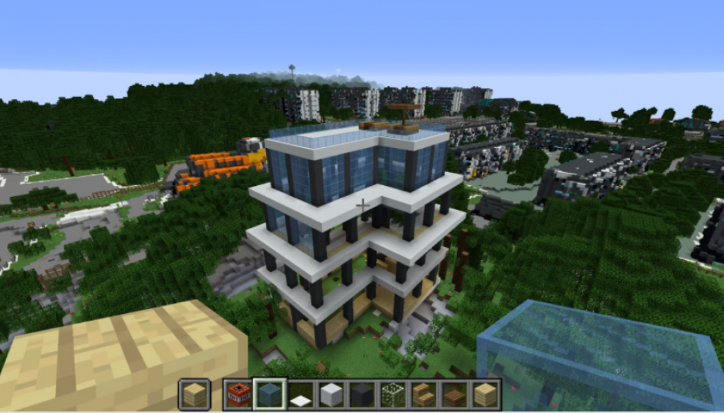 Ett flyktingboende med växthus är ett av de förslag som elever vid Lärjeskolan skapat i Minecraft. Foto: Göteborgs stad