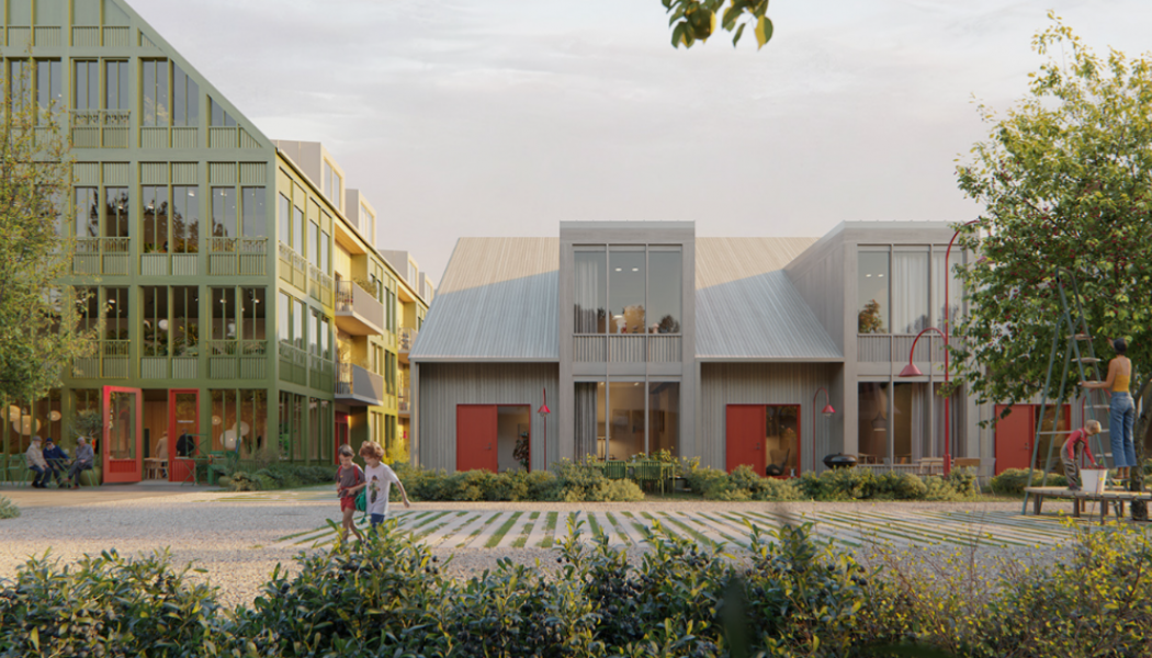 Vy över Körsbärsallén mot trygghetsboendets punschveranda och radhusen i en våning. Illustration: Utopia Arkitekter