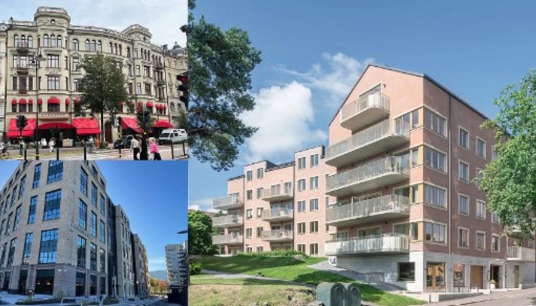 Plåt & Ventföretagens medlemsföretags nominerade projekt till Årets Fasad 2024: Sperlings backe 45, Haga Norra kv 1 och Torselden 8. Pressbild: Plåt & Ventföretagen