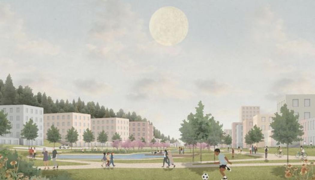 Cirka 100 radhus och en temalekplats om 15 000 kvadratmeter – nu står det klart hur området mellan Rinkeby och Tensta i ett första steg kan utvecklas. Bild: NREP