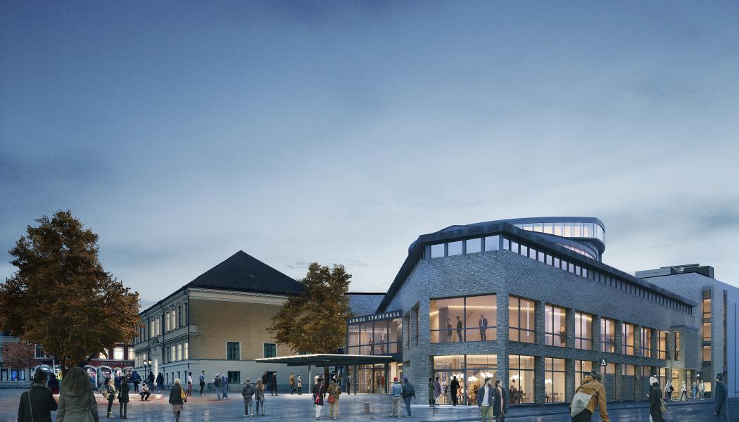 Visionsbild av Stadshallen sedd från Stortorget. Bilden hämtad från White Arkitekters vinnande bidrag i den arkitekttävling som hölls 2020.