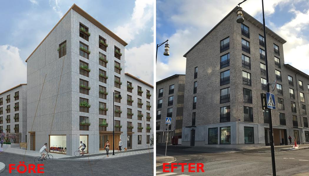 Visionsbilden före (Murman Arkitekter) och efter justeringarna (Liljewall Arkitekter). Till höger det flerbostadshus som nu står vid korsningen Optimusvägen/Finspångvägen. Foto: Upplands Väsby kommun