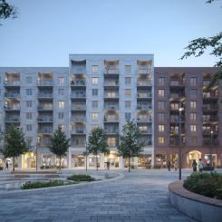 Kvarteret möter Sveatorget med kommersiella lokaler i gatuplan. På Sveatorget får tunnelbanan en ny station 2027 och det är här stadslivet blir som mest livfullt med restauranger, kaféer och annan handel och service. Valven över portarna mot Sveatorget är inspirerade av formen på hangarerna på det gamla flygfältet i Barkarby. Visionsbild: Fojab