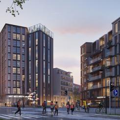 Till höger i bild visas det nya kvarteret där ByggVesta ska skapa 275 hyreslägenheter ovanpå Forsåkers kommande mobilitetshus. Av: Visionsbild MölnDala Fastighets AB/TMRW