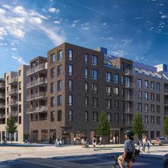 Det nya kvarteret har en markant gestaltad, urban sida mot huvudgatorna som understryker det centrala läget i stadsdelen.