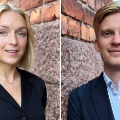 Erika Twengström (till vänster) och Erik Gustafsson (till höger), tilldelas Samhällsbyggarnas pris Bästa examensarbete inom fastighetsekonomi 2022. Foto: Privat