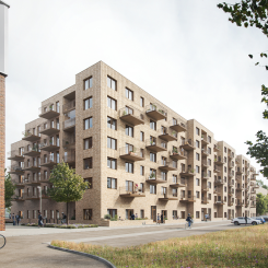 I kvarteret Pilevall i centrala Kävlinge uppförs just nu 124 hyreslägenheter. Pressbild: KKB Fastigheter AB