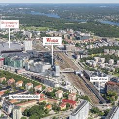 Nu påbörjas en ny satsning i Arenastaden i Solna, där Dalvägen utvecklas till en stadsgata med nya arbetsplatser, bostäder, restauranger, caféer och en ny tunnelbaneuppgång. Pressbild: Fabege