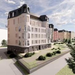 Den nuvarande detaljplanen för Kårholmen i Helsingfors kräver att framtida byggnader i området följer samma volym och färgschema som de hus som nu går in i byggfasen. Bild: Huttunen-Lipasti Arkitekter Ab.