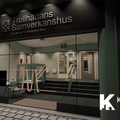 Visionsbild på fastighet med entré. Pressbild: Trollhättans stad - Kraftstaden Fastigheter