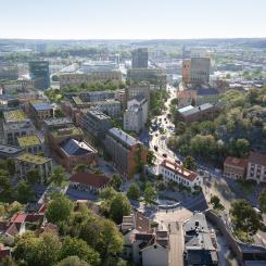 Visionsbild Mölndala Fastighets AB/TMRW: Forsåkers norra del med bruksbyggnaderna, forsen och Kvarnbygatan som omvandlats till ett stadsstråk.