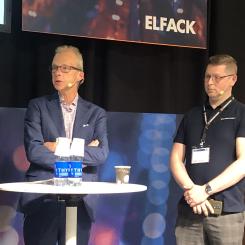 Jonas Modigh vid Belysningsbranschens tekniska kommitté berättade på Elfack-mässan om problemen och möjligheterna vid den kommande storskaliga utfasningen av lysrör och byte till LED-teknik. Martin Gustafsson (till höger) inspektör vid Elsäkerhetsverket redogjorde för elsäkerhetsfrågor i samband med omställningen.