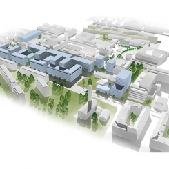 Volymmodell som visar möjlig utbyggnad inom planområdet. Föreslagen bebyggelse i blått. Skiss: Liljewall arkitekter