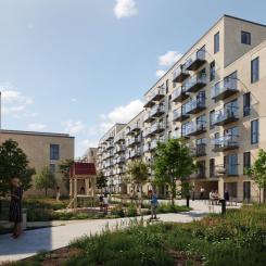 I stadsutvecklingsområdet Kirkebjerg i Glostrup utanför Köpenhamn bygger Catella och Pictet ett nytt bostadsområde med 205 lägenheter där smart teknik ska minska energiförbrukningen och begränsa klimatpåverkan. Projektet omfattar bland annat energieffektiva system, laddinfrastruktur för elbilar, cykellösningar och gemensamma funktioner för de boende. Foto: Catella Group