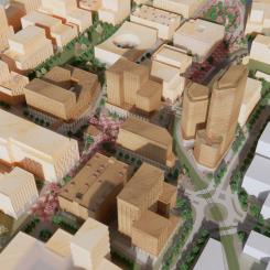 Science Village sett från söder. Husen som ingår i planförslaget i mörkare färger. 
Illustration: Fojab