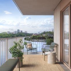 Patriam Kvarnholmen, ett bostadsprojekt med 22 lägenheter byggda på pålar i vattnet, alla med frontläge mot vattnet. Pressbild: Patriam