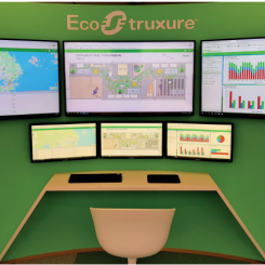 Så här kan ett typiskt kontrollrum med EcoStruxure se ut. Skärmarna 1 och 2 visar Building Operation medan skärm 3 visar Power Monitoring Expert.