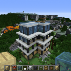 Ett flyktingboende med växthus är ett av de förslag som elever vid Lärjeskolan skapat i Minecraft. Foto: Göteborgs stad