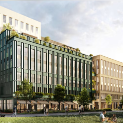 Utöver att uppfylla Wihlborgs ambitiösa hållbarhetsprogram trippelcertifieras den nya byggnaden enligt Miljöbyggnad, WELL och den nya svenska certifieringen NollCO2. Bild och arkitektur: Krook & Tjäder