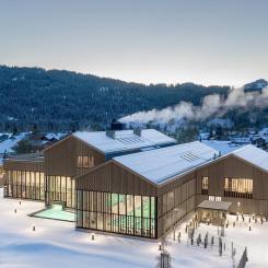 Therme Oberstdorf i Bayern kombinerar alpinsk arkitektur med moderna materialval. Photo credit: @agrob-buchtal.de / David Matthiessen