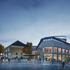 Visionsbild av Stadshallen sedd från Stortorget. Bilden hämtad från White Arkitekters vinnande bidrag i den arkitekttävling som hölls 2020.
