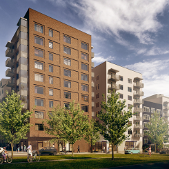 Huge har flera pågående satsningar i Flemingsberg. Däribland nyproduktion av 129 hyresrätter, 81 studentbostäder, fem lokaler och en förskola med åtta avdelningar på Hälsovägen vid Flemingsberg science. Bild: Huge