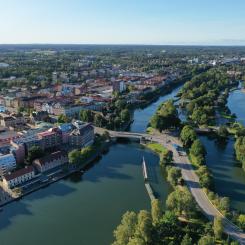 Flygbild över Trollhättans fallområden. Foto: Eidar