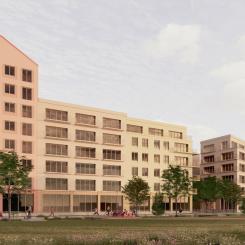 Vision för utformning och gestaltning av ny bebyggelse inom fastigheten Städet 2 med del av Sjöhagaparken i förgrunden. Vänerborgen AB/Ateljé Nord AB.