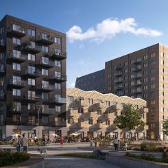En vy av Kompositören, bestående av tre huskroppar med varierad arkitektur och materialval. Foto: Wallenstam